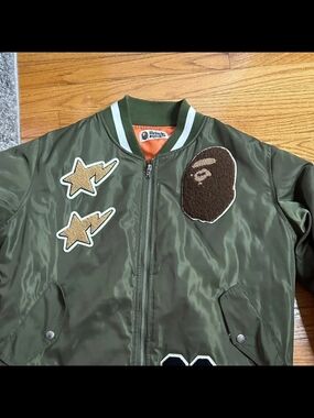 Bathing Ape Olive Green Patchwork Bomber Jacket
